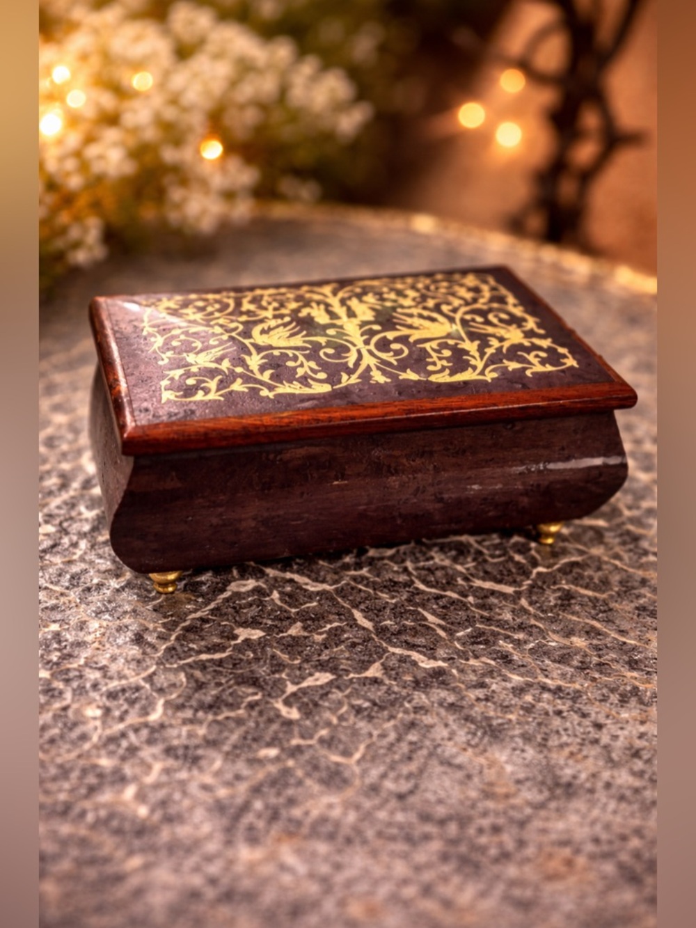 Pristine Vintage Inlaid Music Box • Quiet Luxury Wooden Jewelry Casket • Works